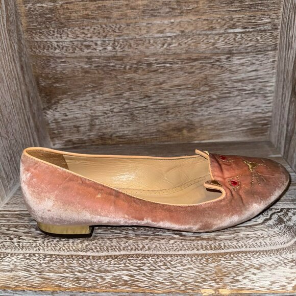 Charlotte Olympia Blush Pink Velvet Cat Kitty Loafer Flats - Picture 6 of 9